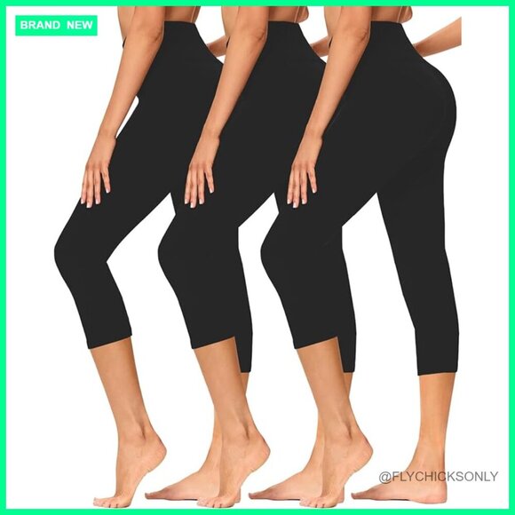 Pants - 3 Pack High Waist Tummy Control Capri Leggings, Stretch Yoga Pants for Workout